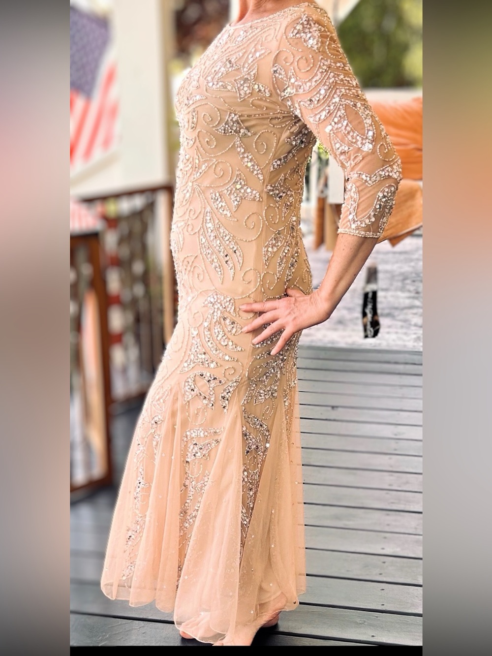 Pisarro Nights 6P Champagne Beaded Sequin Formal Evening Gown